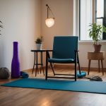 A living room with a yoga mat, resistance bands, and a jump rope. A chair against the wall for step-ups and tricep dips. A water bottle and towel nearby