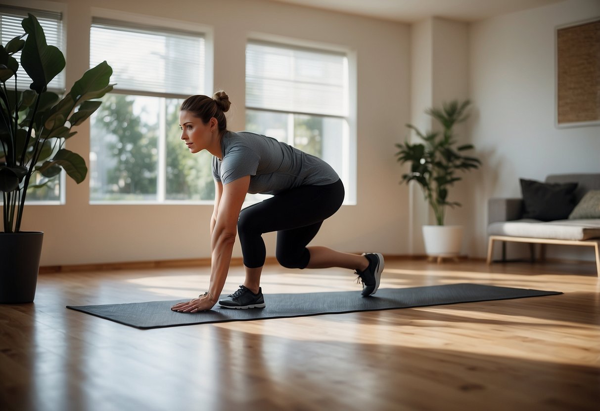 A person is performing core stability and strength exercises in a home setting, using no equipment. The scene shows various exercises such as planks, crunches, and leg raises