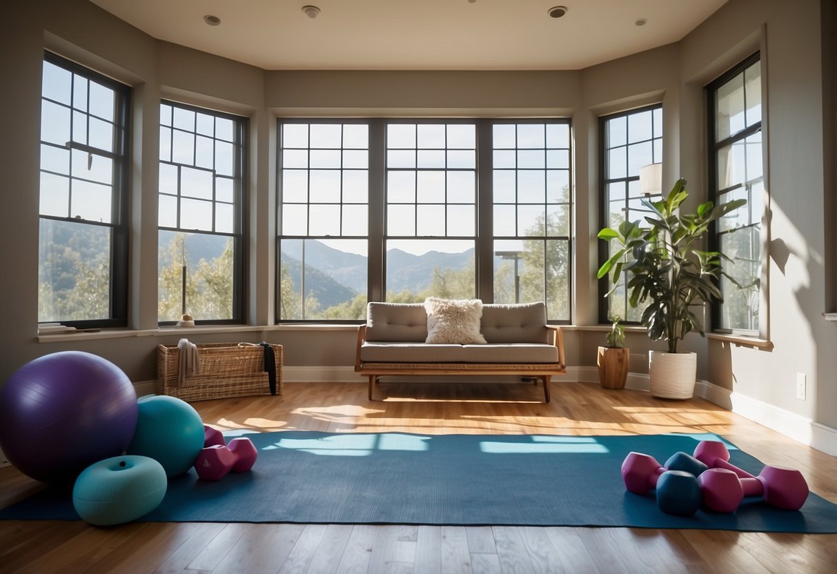 A living room with a yoga mat, resistance bands, and a stability ball. A set of dumbbells are neatly arranged on the floor. A large window lets in natural light, creating a bright and inviting space for lower body workouts