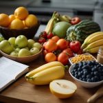 A colorful array of fresh fruits, vegetables, grains, and lean proteins arranged on a kitchen counter, surrounded by budget-friendly recipe books and meal plans