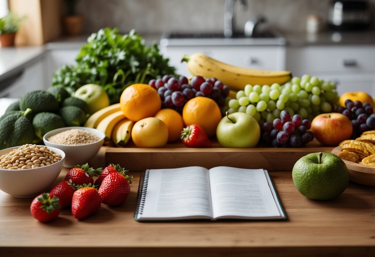 A colorful array of fresh fruits, vegetables, whole grains, and lean proteins arranged on a kitchen counter, with a budget-friendly meal plan and recipe book open nearby