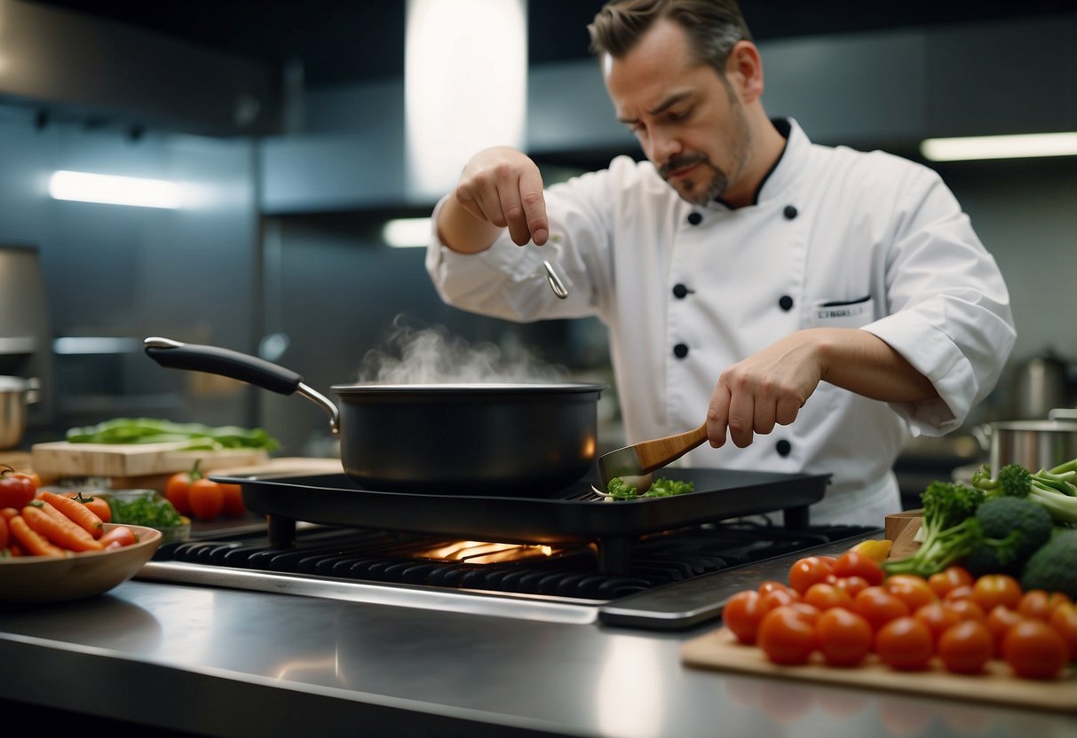 A chef chops vegetables, simmers a pot, and grills lean protein, all while using cost-saving cooking techniques. The kitchen is filled with the aroma of nutritious, budget-friendly meals