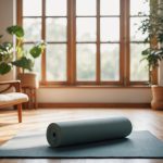 A serene room with a yoga mat, blocks, and a bolster. Soft natural light filters in through the window, creating a peaceful atmosphere for practicing yoga