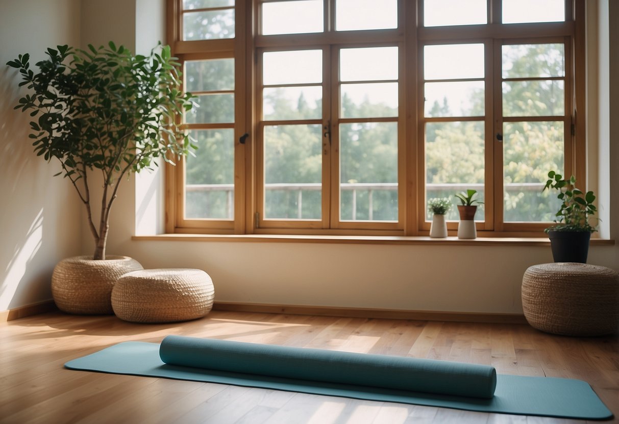 A serene room with a yoga mat, blocks, and a bolster. Soft natural light filters in through the window, creating a peaceful atmosphere for a yoga practice