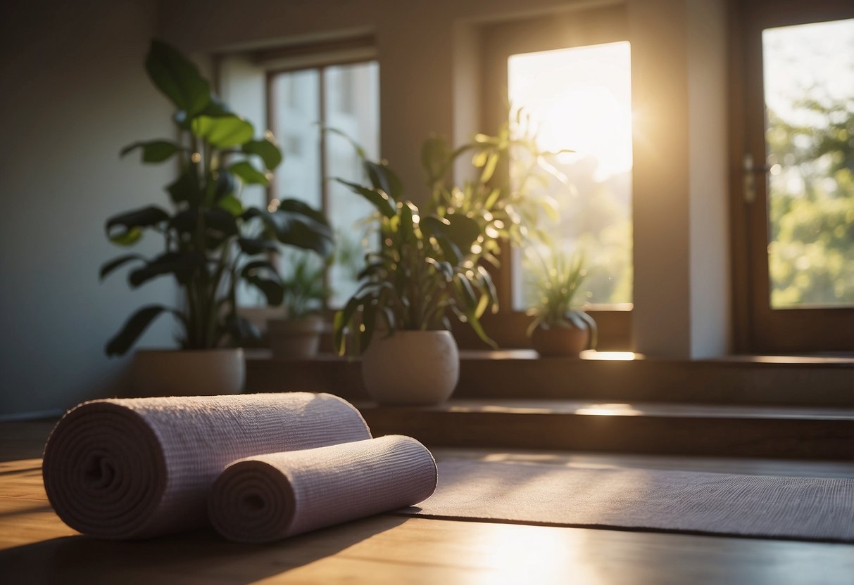 A serene room with a yoga mat, blocks, and a bolster. Sunlight streams in through a window, casting a warm glow on the peaceful space