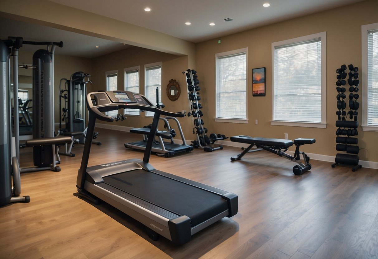 A spacious room with various fitness equipment: treadmill, dumbbells, yoga mat, resistance bands, and a weight bench. Brightly lit with motivational posters on the wall