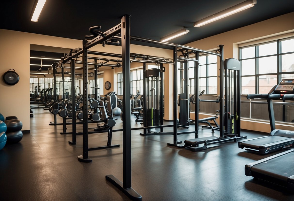 A spacious room with ample natural light. Wall-mounted racks for weights and resistance bands. Cardio equipment like a treadmill or stationary bike. Mirrors for form-checking. Storage for accessories