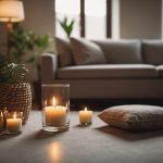 A serene room with soft natural light, a comfortable cushion on the floor, and a small table with a burning candle. The room is quiet and peaceful, creating an atmosphere perfect for mindfulness and meditation