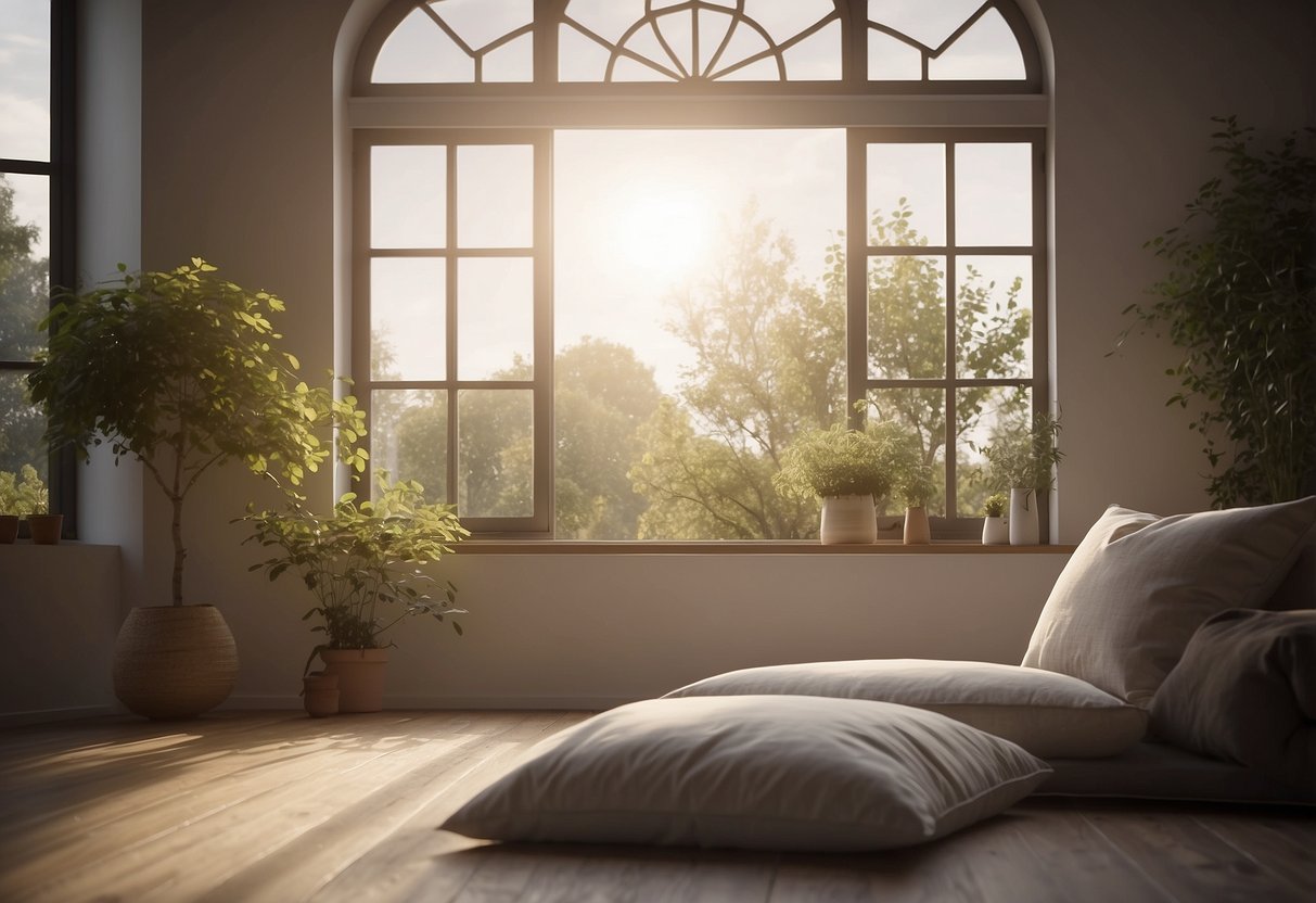 A tranquil room with soft lighting, a cushion on the floor, and a peaceful atmosphere. A gentle breeze flows through an open window, carrying the sound of birds chirping