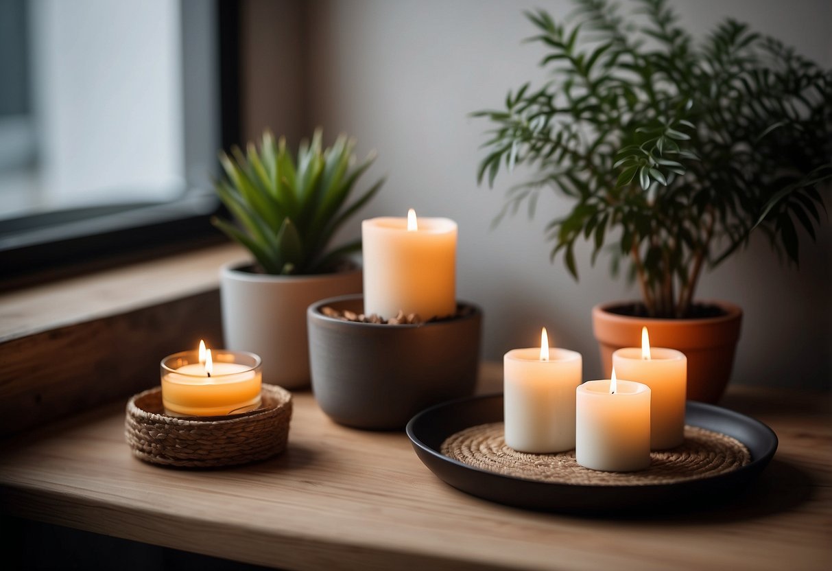 A cozy corner with a cushioned mat, soft lighting, and calming decor. A small table holds candles, incense, and a potted plant