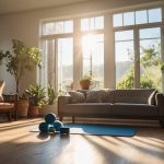 A living room with a yoga mat, dumbbells, and a jump rope. A timer on the floor. Sunlight streaming in through the window