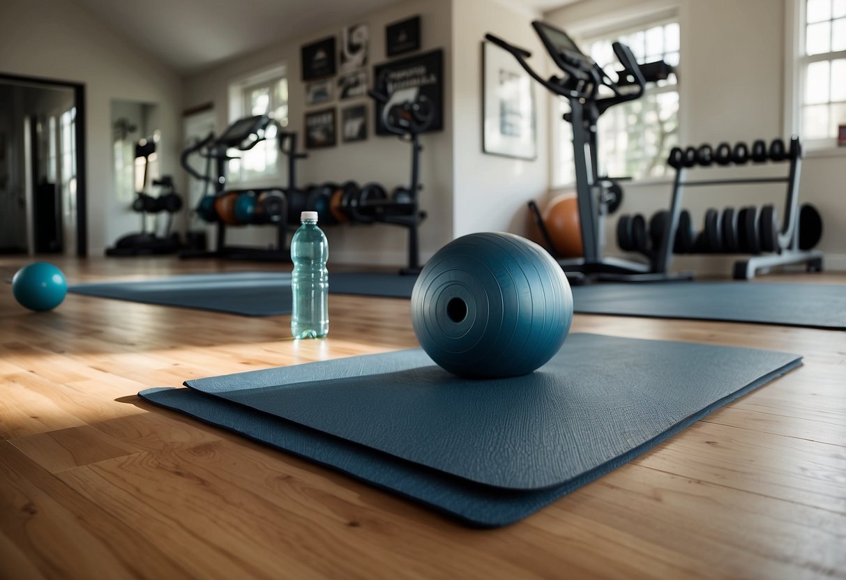 A home gym with exercise mat, water bottle, timer, and upbeat music. An open space for jumping jacks, burpees, and sprints