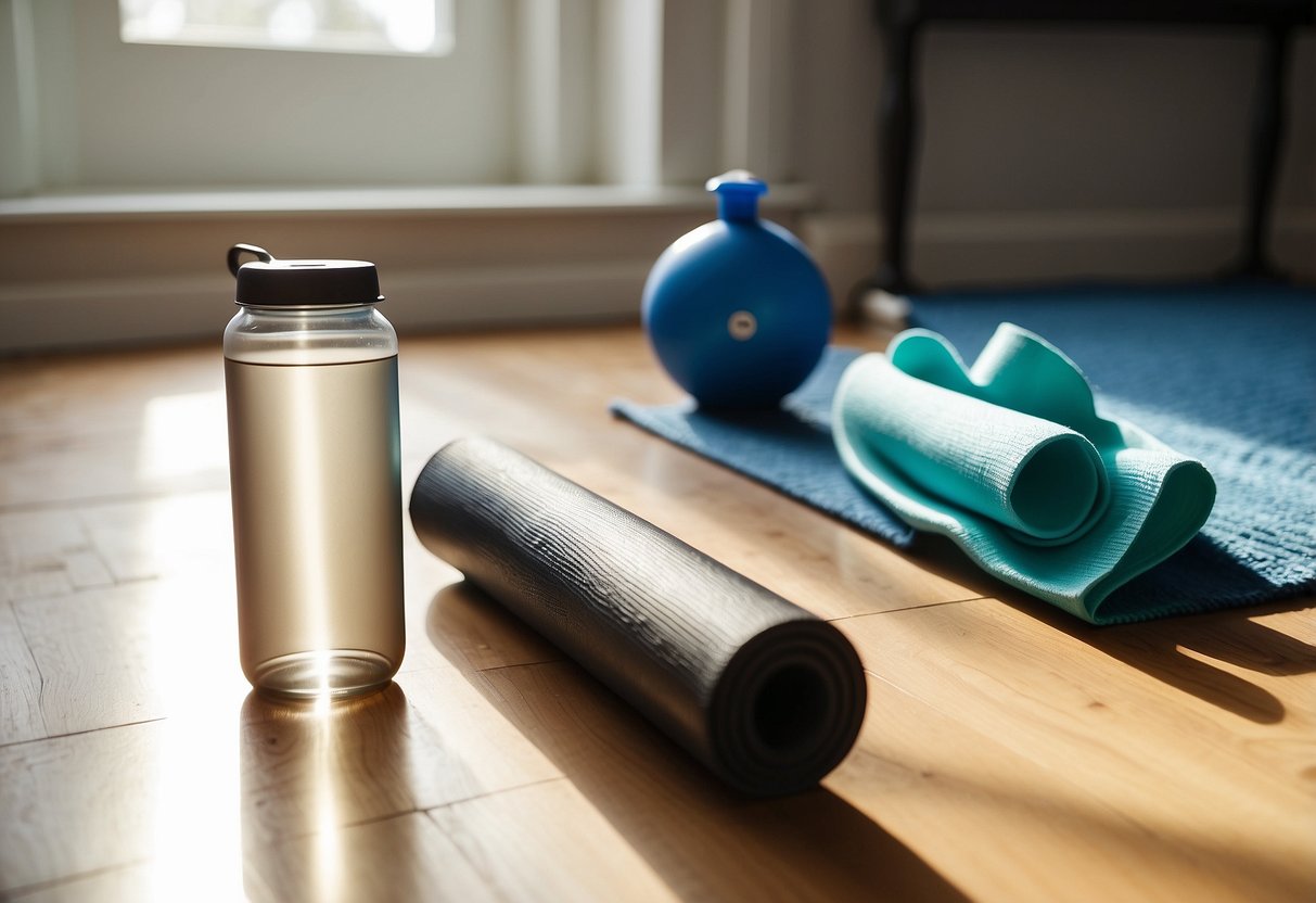 A living room with a yoga mat and water bottle. A stopwatch and workout plan on the floor. Bright, natural light streaming in through the window