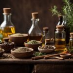 A table covered with herbs, spices, and essential oils. A mortar and pestle sits in the center, surrounded by jars and bottles. A book on natural remedies is open, with handwritten notes