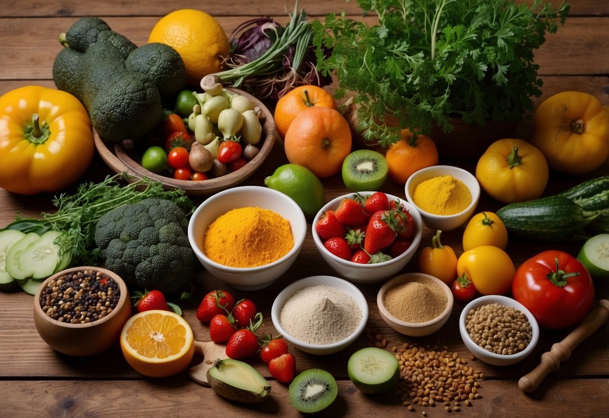 A colorful array of fresh fruits, vegetables, herbs, and spices arranged on a wooden table, with a mortar and pestle nearby, symbolizing natural remedies for common ailments