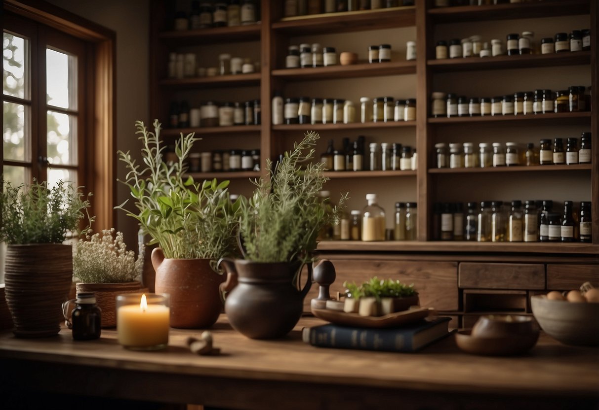 A cozy home with shelves lined with natural remedies like herbs, essential oils, and homeopathic medicines. A warm, inviting atmosphere with soft lighting and a sense of tranquility