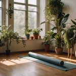 A room with a yoga mat on the floor, surrounded by plants and natural light. A book open to a page showing various stretching exercises