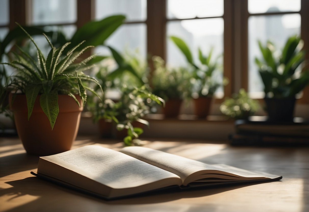 A room with a yoga mat on the floor, surrounded by plants and natural light coming in through a window. An open book with stretching exercises is placed next to the mat