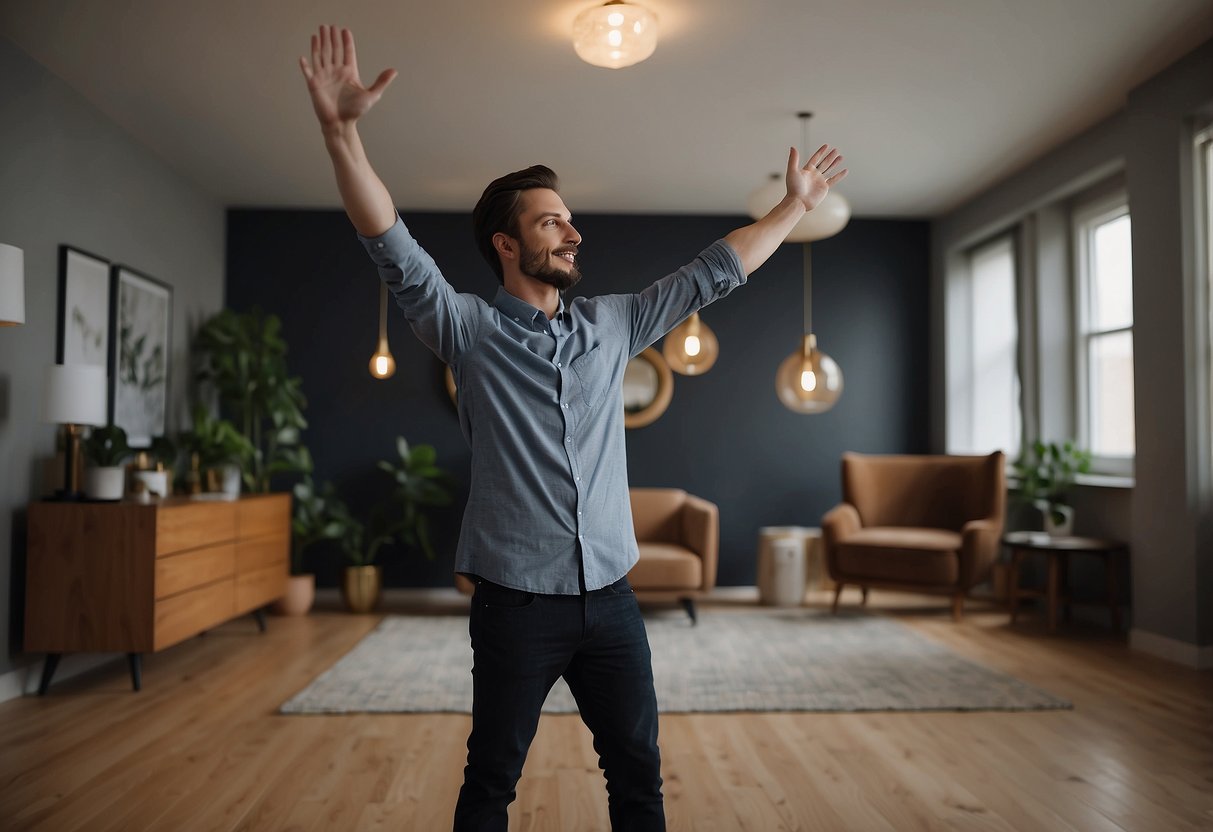 A person stands in a spacious room, arms reaching overhead in a stretch. Furniture is pushed aside to make room for movement