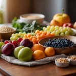 A table with a variety of colorful fruits, vegetables, grains, and lean proteins arranged in a balanced and visually appealing manner. A notebook and pen are nearby for meal planning