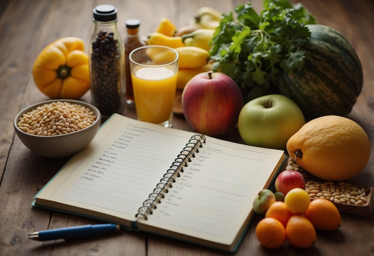 A table with various food groups: fruits, vegetables, grains, protein, and dairy. A notebook with "balanced diet plan" written on it. A person reading nutrition tips