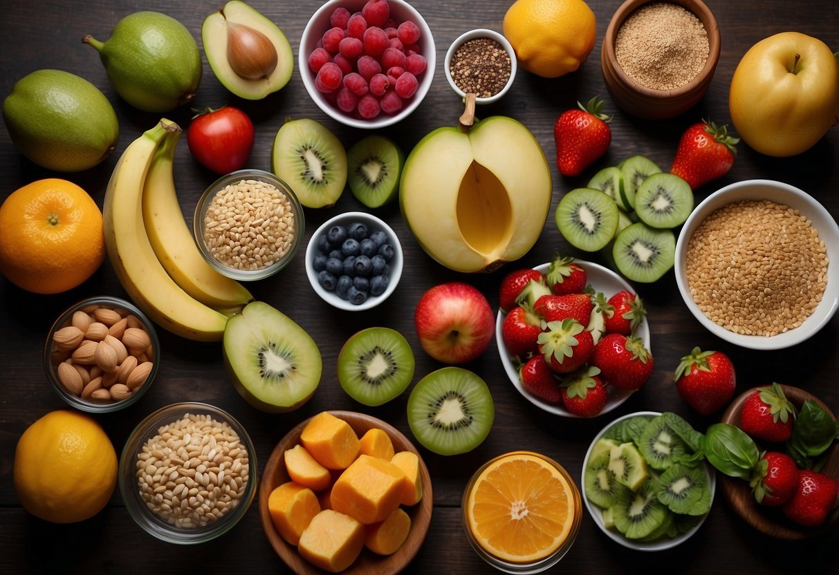 A table with a variety of fresh fruits, vegetables, whole grains, lean proteins, and healthy fats laid out in an organized and visually appealing manner