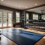 A home gym with a pull-up bar, resistance bands, and a yoga mat on the floor. A set of dumbbells and a kettlebell are neatly organized in the corner