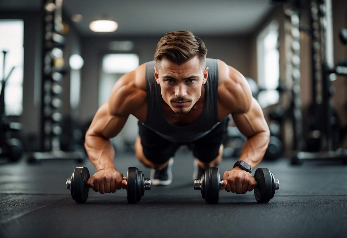 A person doing push-ups, pull-ups, and dips at home. A set of dumbbells and resistance bands nearby. The person is focused and determined