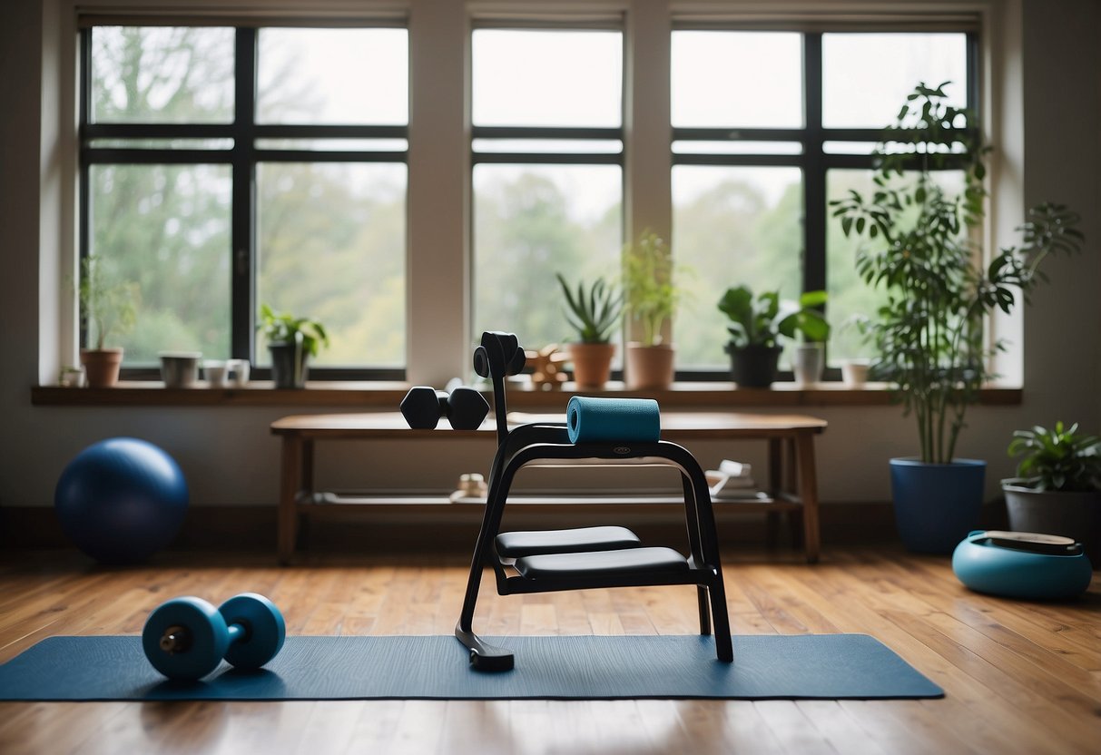 A room with a yoga mat, resistance bands, and a set of dumbbells. A chair and a sturdy table are nearby for support. The room is well-lit with natural light coming in through the windows