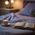 A cozy bedroom with dimmed lights, a neatly made bed, and a calming color scheme. A book and a warm cup of herbal tea sit on the nightstand, while a lavender-scented candle flickers softly in the corner