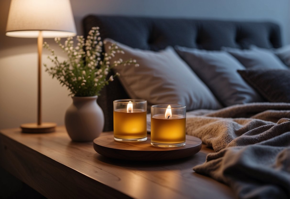 A cozy bedroom with dim lighting, a warm cup of herbal tea on a bedside table, and a soothing essential oil diffuser creating a calming atmosphere