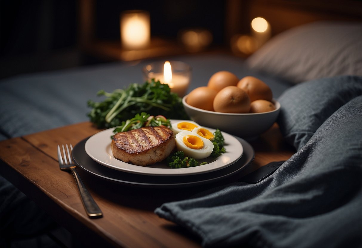 A balanced meal on a plate next to a pair of running shoes, surrounded by a peaceful nighttime setting with a cozy bed and soft pillows