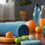 A person lies on a yoga mat surrounded by foam rollers, massage balls, and a heating pad. A water bottle and towel are nearby