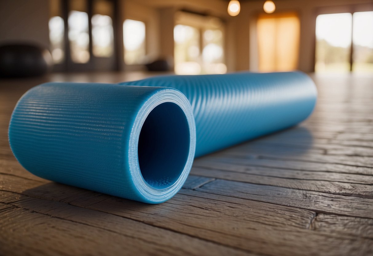 A foam roller sits on the floor next to a yoga mat. A water bottle and towel are nearby. The room is quiet and peaceful, with soft lighting