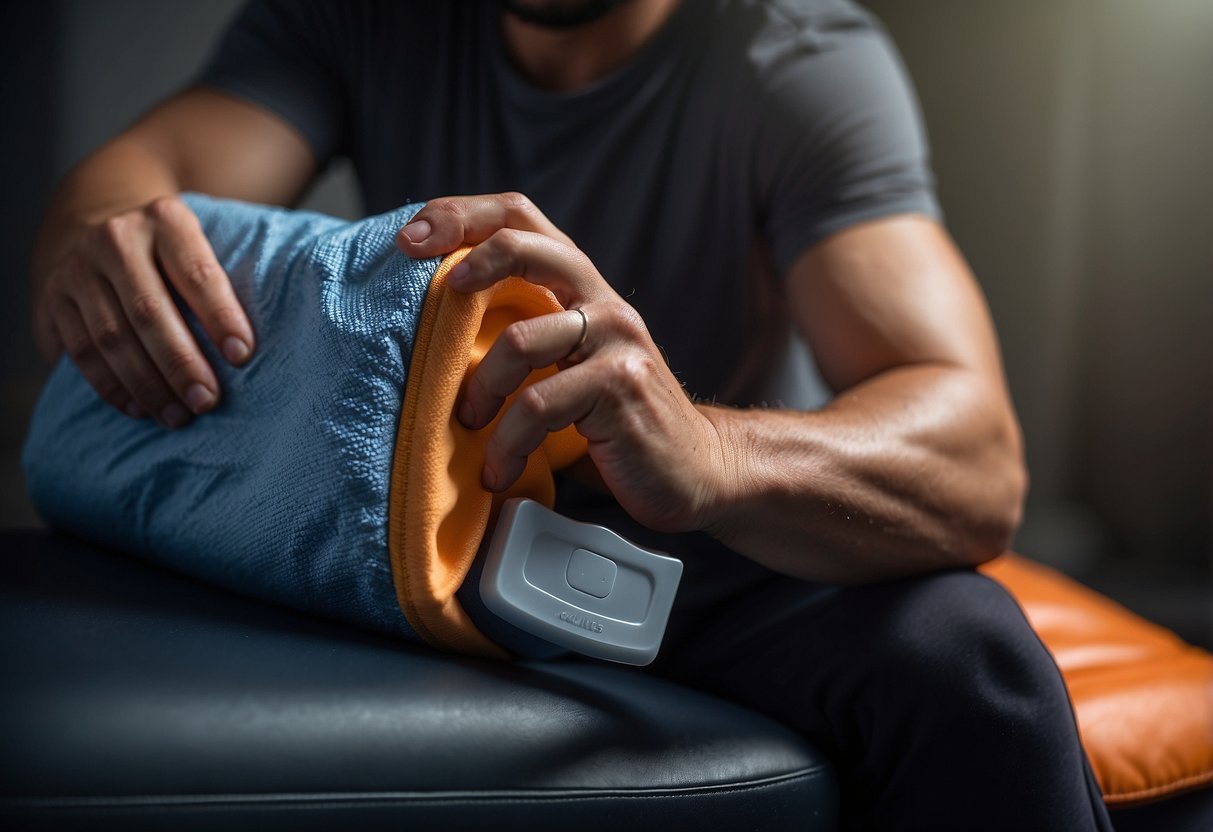 A person places an ice pack on their sore muscles, then switches to a heating pad. The contrast between cold and heat therapy helps to alleviate post-workout discomfort