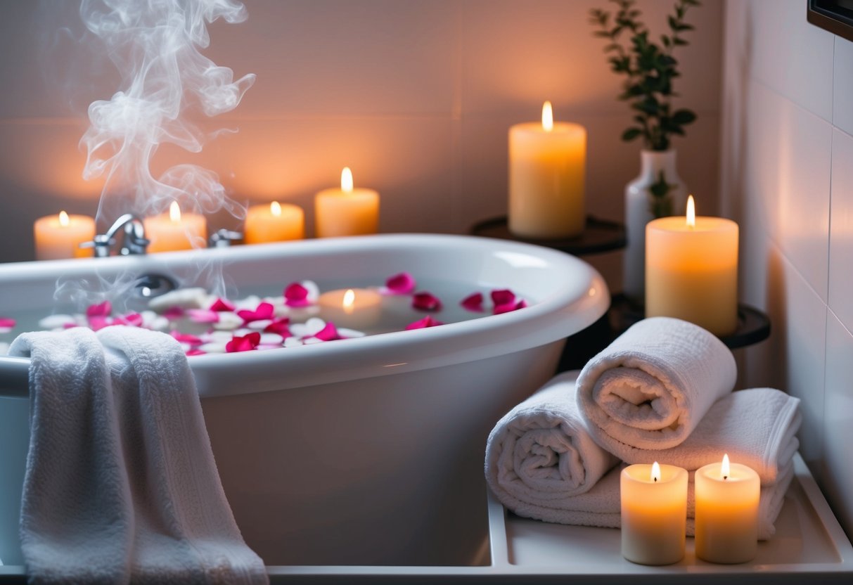 A serene bathroom with soft, ambient lighting, flickering candles, and a steaming bath filled with rose petals and essential oils. A plush robe and fluffy towels are neatly folded nearby