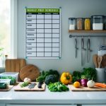 A kitchen counter with various fresh ingredients, cutting boards, knives, and containers. A weekly meal prep schedule pinned to the wall for reference