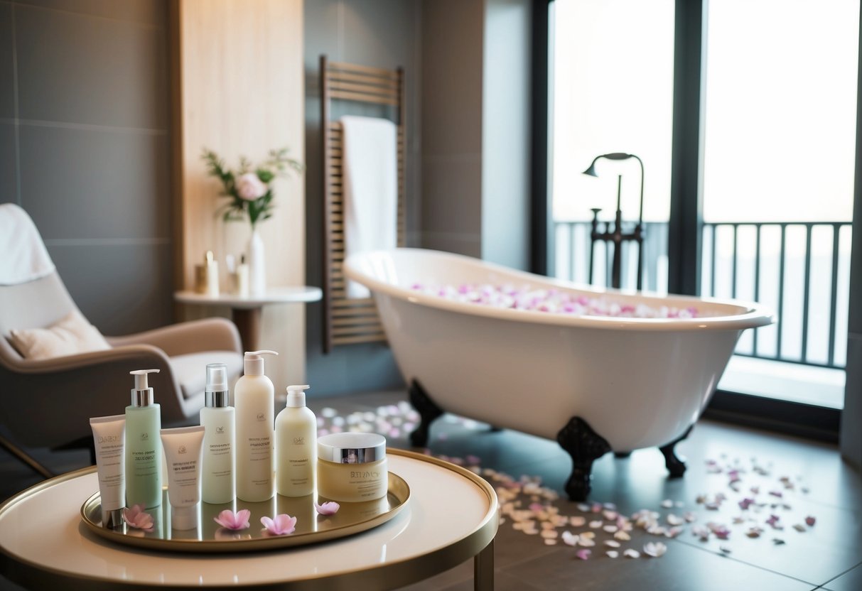 A serene bathroom setting with a bathtub filled with flower petals, a table displaying various skincare and haircare products, and a cozy chair for relaxation