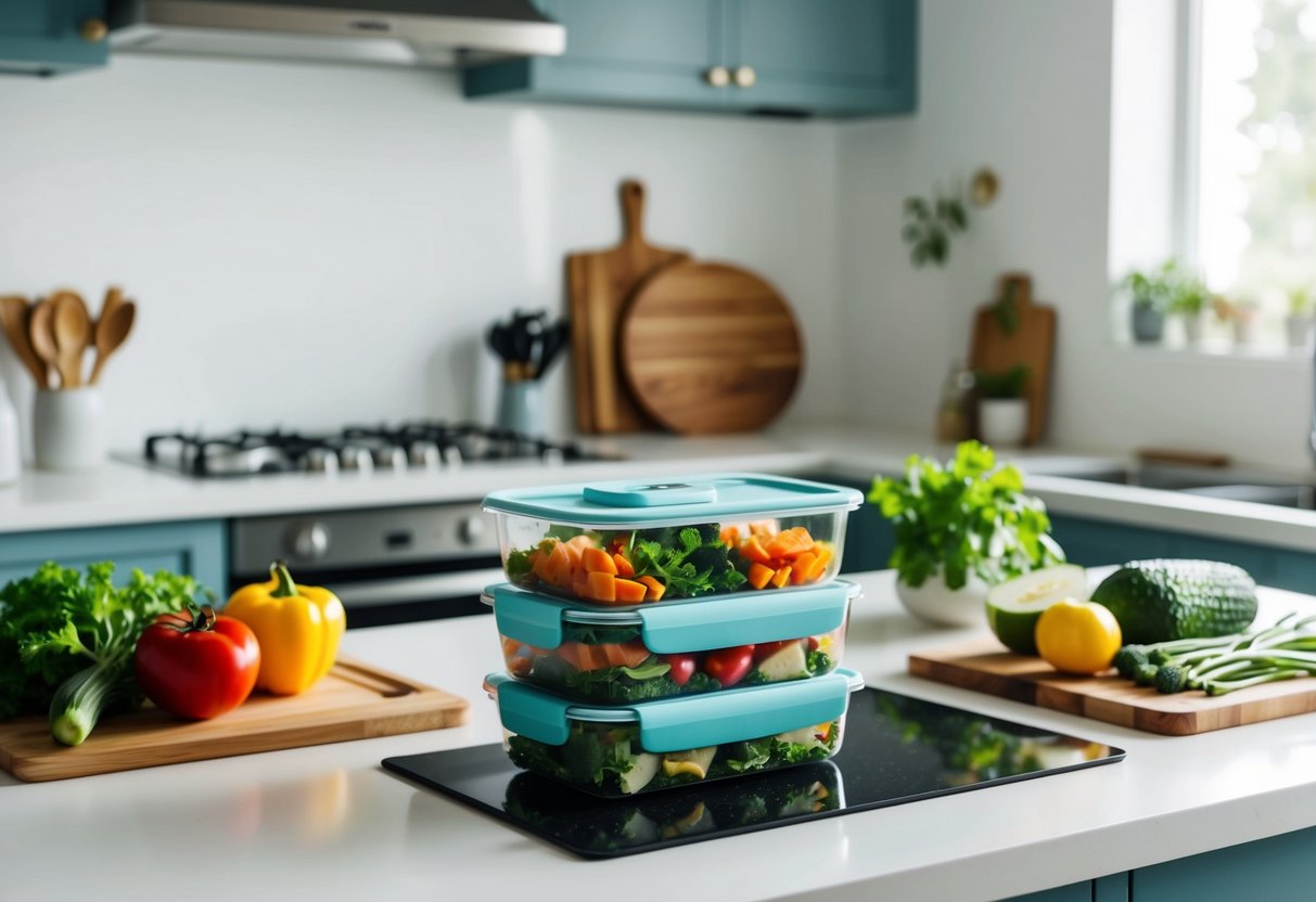 A clean, organized kitchen counter with fresh ingredients, cutting boards, and cooking utensils. A meal prep container filled with vibrant, healthy food