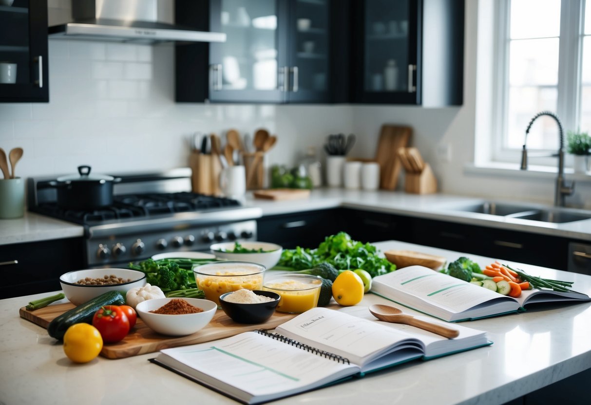 A kitchen counter with various ingredients and cooking utensils laid out for meal prepping. A weekly meal plan and recipe book open nearby