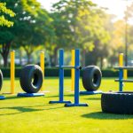 A group of fitness stations set up in a park, including a tire obstacle course, pull-up bars, and a balance beam. Sunshine and greenery surround the area