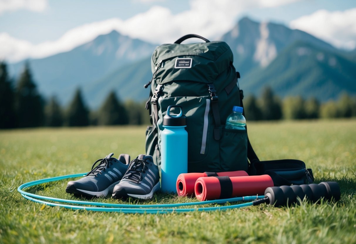 A rugged backpack, water bottle, running shoes, resistance bands, and a jump rope scattered on a grassy field with a mountain backdrop