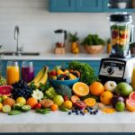 A colorful array of fresh fruits, vegetables, and superfoods arranged on a kitchen counter, alongside a blender and assorted glassware