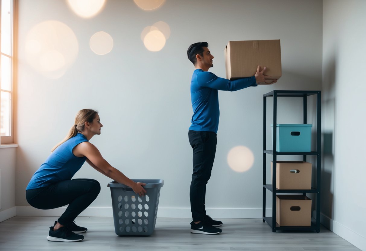 A person lifting a heavy box onto a shelf, while another person performs a squat to pick up a laundry basket