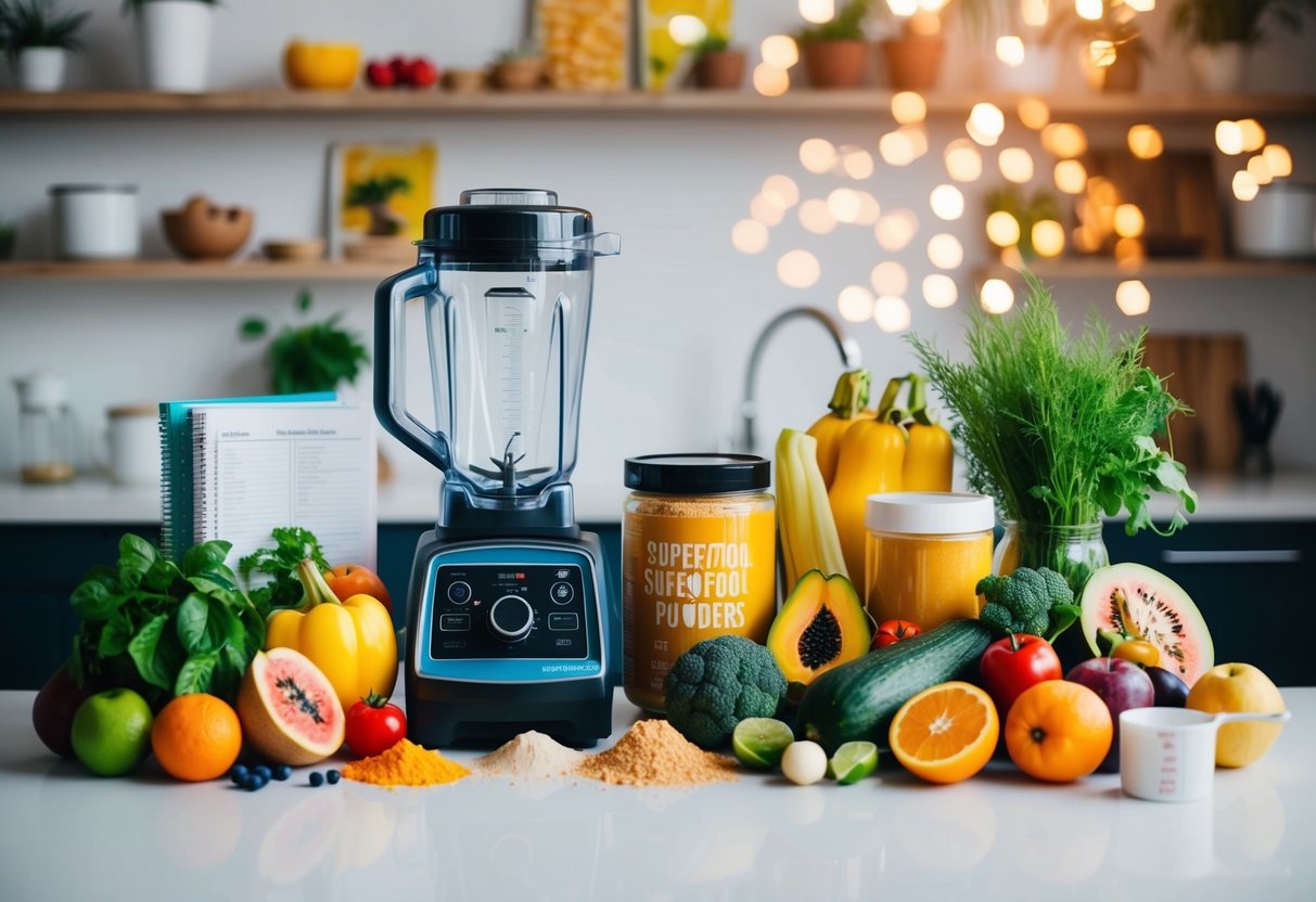 A colorful array of fresh fruits, vegetables, and superfood powders arranged next to a blender, with recipe books and a measuring cup nearby