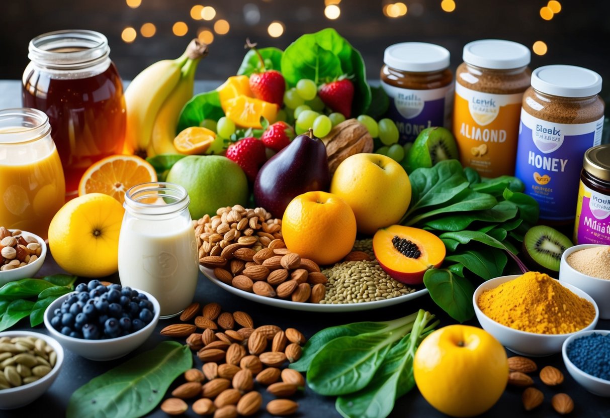 A vibrant array of fresh fruits, leafy greens, and protein-packed nuts and seeds, surrounded by jars of honey, almond milk, and colorful superfood powders