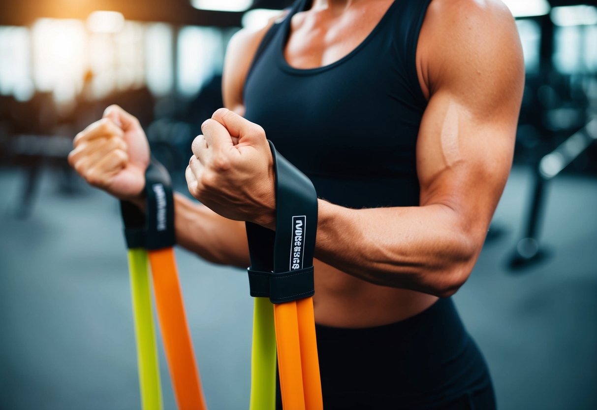 A person using resistance bands to stretch and strengthen muscles