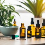 A table with various essential oil bottles, a mixing bowl, and a dropper. A serene setting with plants and soft lighting