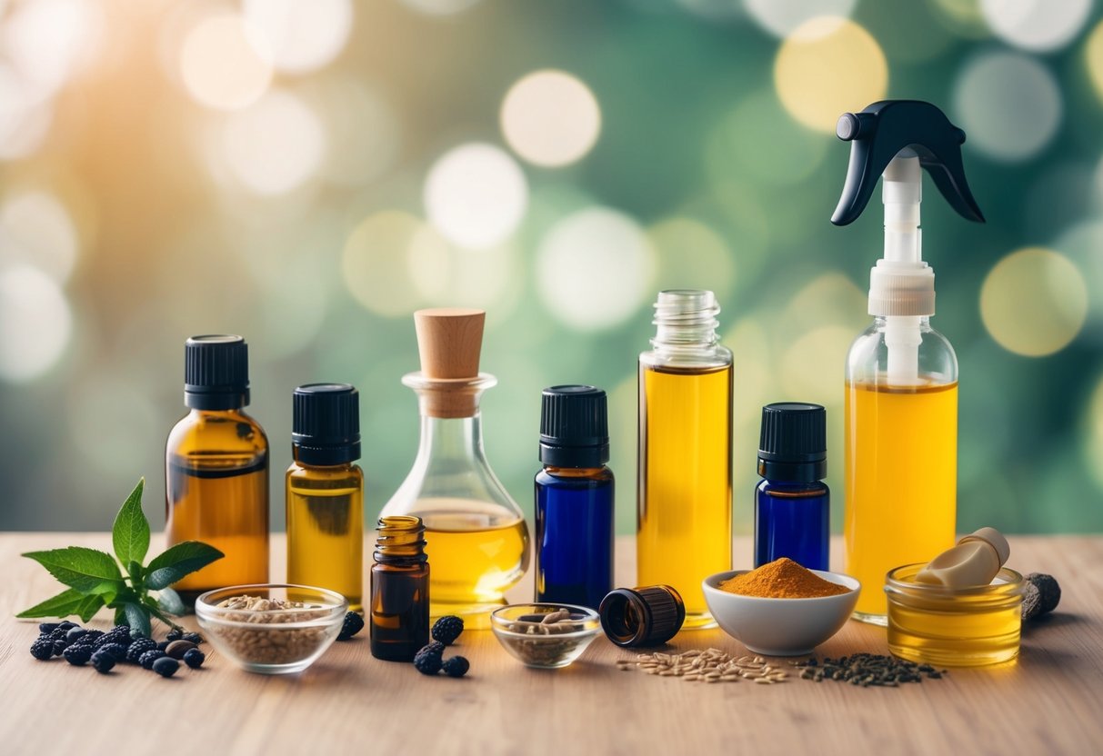 A table with various carrier oils, essential oils, and mixing tools arranged for DIY aromatherapy blending