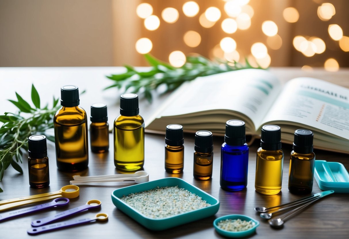 A table with various essential oils, bottles, and measuring tools. A book on aromatherapy open to a page on blending techniques. A calming, organized workspace